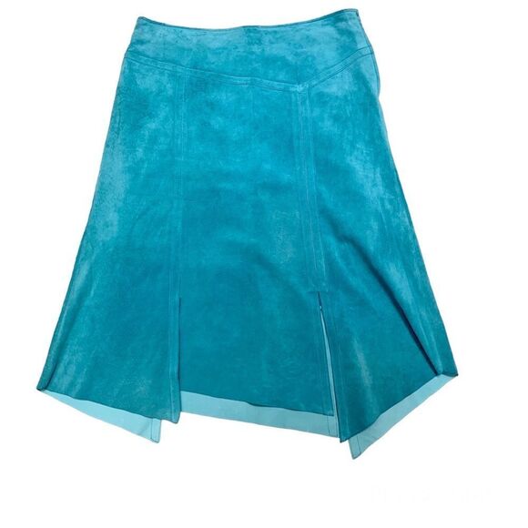 DANIER Leather blue suede asymmetrical hem A-line skirt Sz 12 - Picture 1 of 8